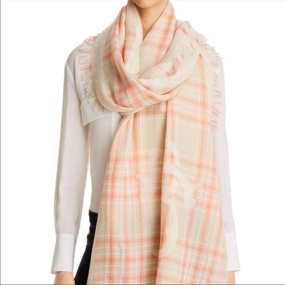 Tory Burch Light Sand Pink Logo Buddy Plaid Scarf - Picture 1 of 12